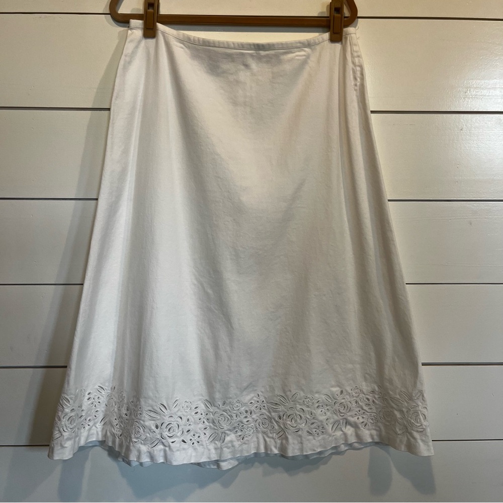 Talbots White Irish Linen Blend A-Line Midi Skirt delicate eyelet hem Size 14